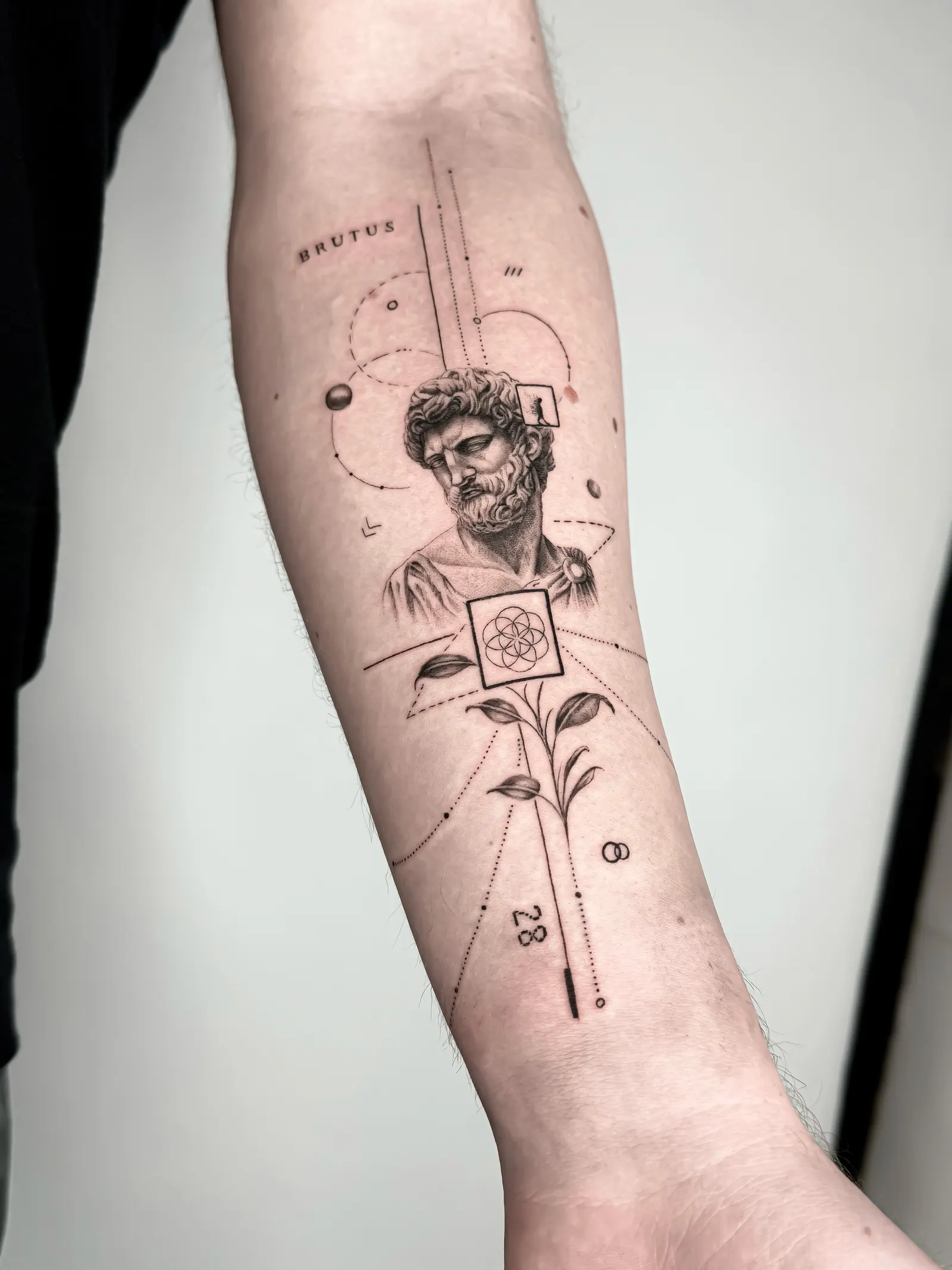 Fine-line forearm tattoo of a classical bust with geometric lines, a plant and lettering.