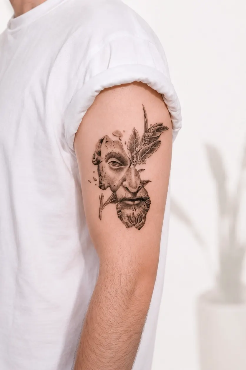 Upper-arm tattoo of a cracked classical statue face with leaves.