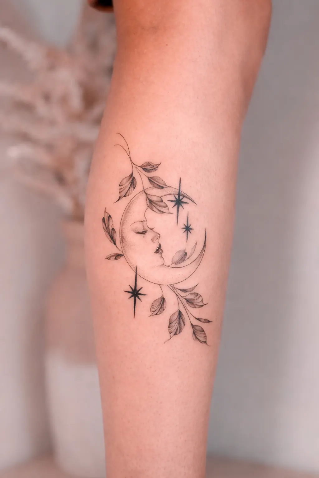 Fine-line lower-leg tattoo of a crescent moon with a face, stars and leaves.