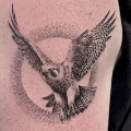 Black and grey falcon upper arm tattoo