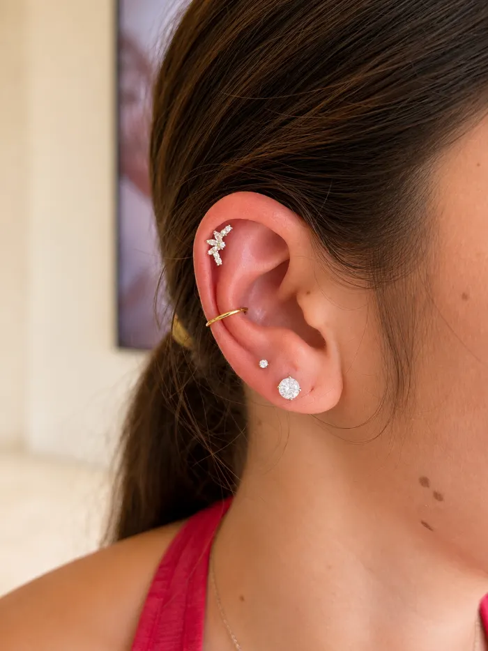 Conch piercing with curated ear stack